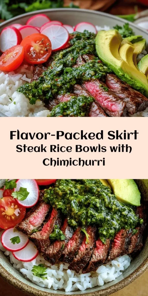 Indulge in these delicious Skirt Steak Rice Bowls topped with homemade Chimichurri Sauce! This vibrant meal features tender skirt steak marinated in spices, paired with fluffy jasmine rice and a zesty chimichurri made from fresh herbs, garlic, and lime. Perfect for a hearty dinner, you can add optional toppings like avocado and cherry tomatoes for extra freshness. Quick to prepare and packed with flavor, this dish is a must-try!