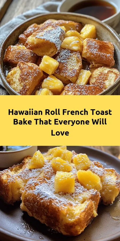 Indulge in a delicious breakfast or brunch treat with this Sweet Hawaiian Roll French Toast Bake! Perfectly fluffy and sweet, this dish features buttery Hawaiian rolls soaked in a rich custard mixture of eggs, milk, and warm spices. Optional crushed pineapple adds a burst of tropical flavor. It's easy to prepare and bakes up beautifully in just 30-35 minutes. Dust with powdered sugar and serve warm drizzled with maple syrup for a delightful morning feast everyone will love!