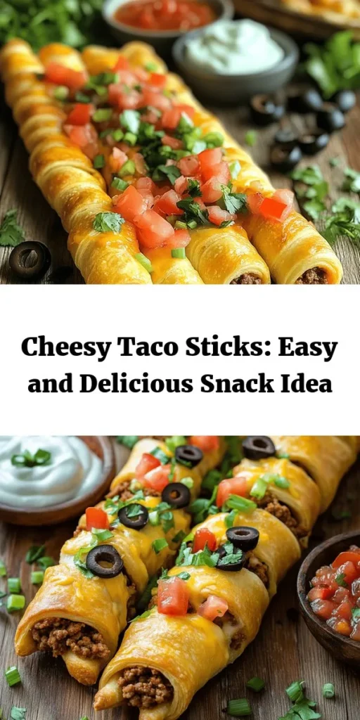 Satisfy your cravings with these delicious Cheesy Taco Sticks! Made with savory ground beef or turkey, taco seasoning, and a cheesy filling of cheddar and mozzarella, all wrapped in golden crescent roll dough. They’re easy to make in just 30 minutes, perfect for any gathering or a fun meal. Serve them warm with salsa and sour cream for that extra zing. These taco sticks are sure to be a hit with friends and family alike!