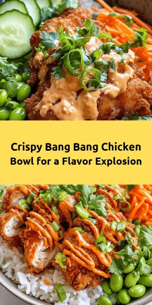 Get ready for a flavor explosion with this Bang Bang Chicken Bowl! Crispy fried chicken thighs coated in a savory spice mix nestle atop fluffy Jasmine rice, complemented by fresh veggies like shredded carrots, edamame, and cucumber. Drizzle with a creamy, spicy Bang Bang sauce that ties it all together. Perfect for a quick weeknight dinner or meal prep! Easy to make and delicious to eat, this bowl is sure to become a favorite. Enjoy this tasty dish in just 30 minutes!