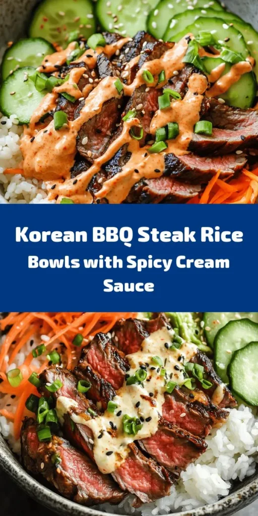 Enjoy a taste of Korea with these delicious Korean BBQ Steak Rice Bowls topped with a spicy cream sauce! Marinated flank steak or ribeye is perfectly grilled and served over a bed of jasmine rice, colorful veggies, and creamy avocado. The addition of kimchi adds a flavorful kick, while the spicy sauce ties it all together. Perfect for a family dinner or meal prep, these bowls are not only tasty but also visually vibrant!