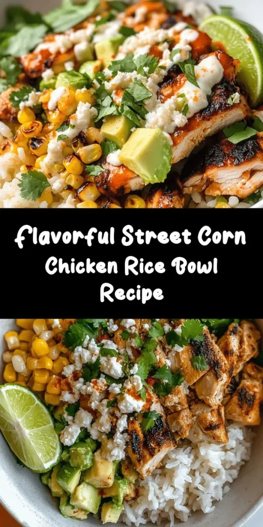 Discover the vibrant flavors of this Street Corn Chicken Rice Bowl! Perfect for a weeknight meal, this dish features marinated chicken, sautéed corn, creamy avocado, and a zesty lime mayo drizzle, all served over fluffy jasmine rice. With its colorful ingredients and delicious spices, it's sure to impress family and friends. Easy to make and packed with flavor, this bowl is a delicious combination of Tex-Mex and comfort food that everyone will love. Enjoy!