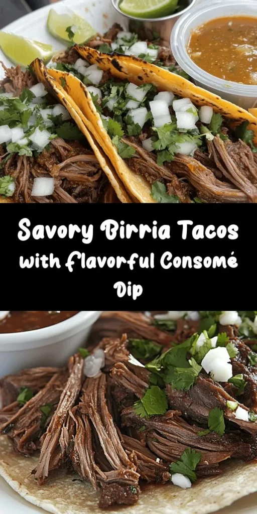 Indulge in the irresistible flavors of Birria Tacos Delight! Slow-cooked beef chuck and short ribs marinated in a rich blend of guajillo and ancho chiles create tender, juicy fillings. Each taco is topped with fresh cilantro and diced onions, served with a warm, savory consomé for dipping. Perfect for taco night or any gathering, this recipe is a crowd-pleaser. Enjoy it with lime wedges and crumbled queso fresco for the ultimate experience!