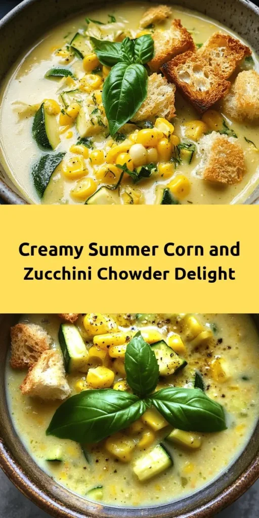 Delight in the flavors of summer with this creamy Summer Corn and Zucchini Chowder! This easy recipe combines fresh corn, zucchini, and aromatic herbs to create a deliciously comforting bowl of goodness. Ready in just 40 minutes, it’s perfect for a light lunch or dinner. Serve it warm, garnished with fresh basil, and pair it with croutons or toasted bread for a satisfying meal. Enjoy the taste of summer all year round!