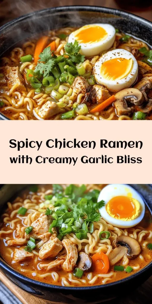 Spice up your dinner with this Fiery Chicken Ramen featuring a creamy garlic sauce that'll tantalize your taste buds! This quick and delicious recipe combines tender chicken, flavorful broth, and vibrant vegetables topped with a rich garlic cream. Perfect for a cozy night in or an impressive dinner with friends, this bowl of ramen is sure to impress. Ready in just 35 minutes, it’s a fantastic addition to your meal rotation. Try it out and enjoy every comforting bite!