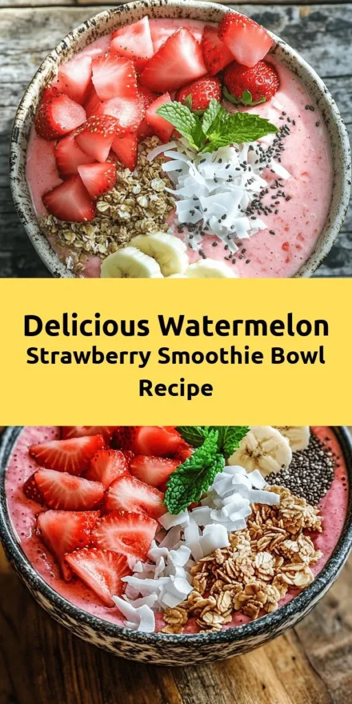 Cool off with this delicious Watermelon and Strawberry Smoothie Bowl! Packed with frozen watermelon, strawberries, and banana blended with coconut water, this smoothie is both refreshing and nutritious. Top it with fresh strawberries, watermelon cubes, and a sprinkle of chia seeds for added crunch. Perfect for breakfast or a snack, this colorful treat takes just 10 minutes to prepare. Dive into something deliciously healthy today!
