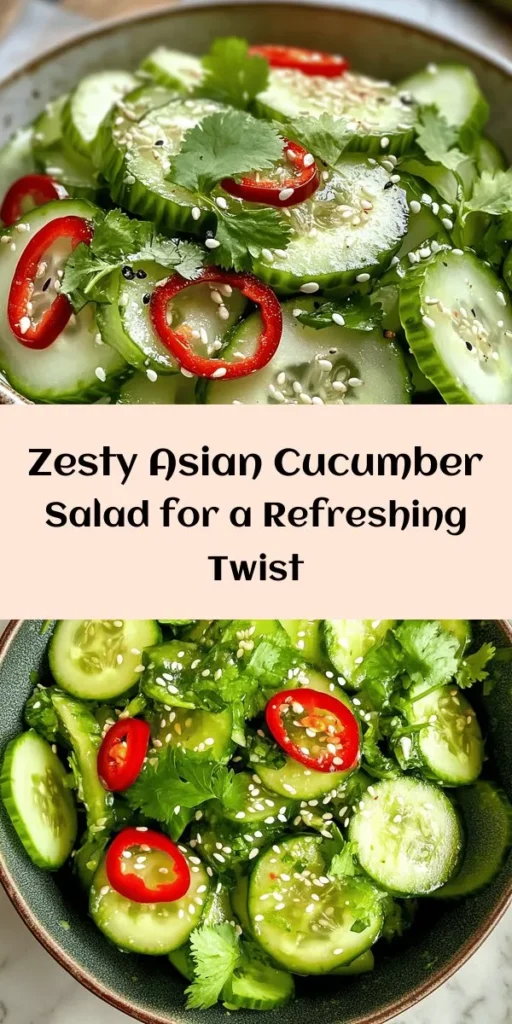 Savor the taste of summer with this refreshing Asian Cucumber Salad! This simple yet flavorful dish features thinly sliced cucumbers tossed in a vibrant dressing made with rice vinegar, soy sauce, sesame oil, and a hint of garlic and ginger. Perfect as a side dish or a light snack, add sliced chili for a spicy kick! Let it chill for a bit to enhance the flavors, then finish with fresh cilantro and sesame seeds for a delicious crunch. Enjoy in just 25 minutes!
