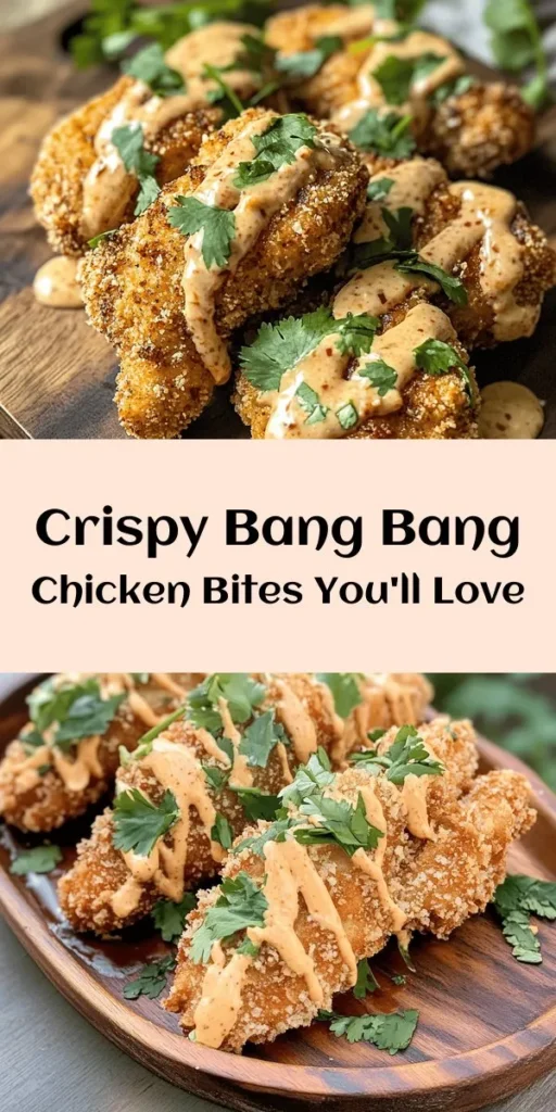 Get ready to indulge in Crispy Bang Bang Chicken! This dish features tender, flavorful chicken bites coated in a crunchy panko crust, perfectly fried to golden perfection. Paired with a creamy, spicy Bang Bang sauce made from mayonnaise, sweet chili sauce, and Sriracha, it's a crowd-pleaser for dinner or gatherings. Garnish with fresh cilantro for an extra pop! Easy to make and utterly delicious, this recipe will quickly become a family favorite. Don’t forget to serve it hot with extra sauce for dipping!