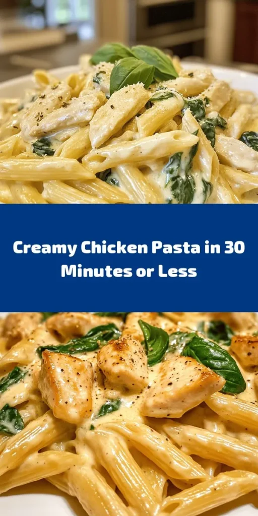 Indulge in this creamy chicken pasta delight that's simple yet bursting with flavor! Perfect for a cozy dinner, this dish combines tender penne pasta, juicy chicken, and a luscious creamy sauce enriched with Parmesan and fresh spinach. With just 30 minutes of prep and cooking time, it's an easy weeknight meal. Garnish with fresh herbs for a beautiful presentation. Bring comfort to your table with this delicious recipe!