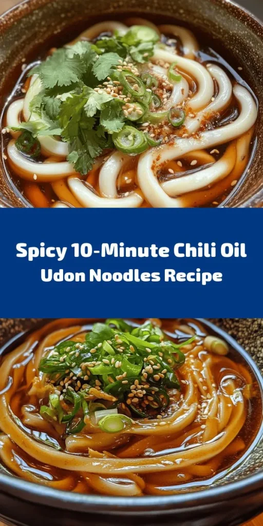 Elevate your dinner game with these 10-minute Chili Oil Udon Noodles! Quick, spicy, and packed with flavor, this dish combines fresh udon noodles with a zesty sauce of chili oil, soy sauce, rice vinegar, and aromatic garlic and ginger. Toss everything together, garnish with spring onions and sesame seeds, and enjoy a delicious meal in no time. Perfect for busy weeknights or a cozy lunch at home! Serve hot and spice it up to your taste!